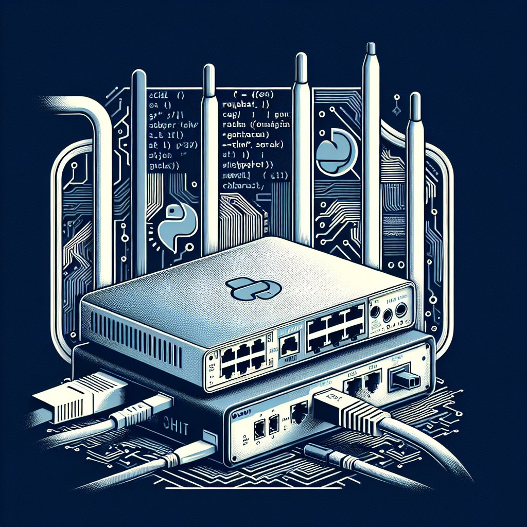 An abstract, modern illustration of a Mikrotik router with connected network cables, overlaid with a Python code snippet. The router is depicted in a clean, minimalist style, with a subtle circuit board pattern in the background to represent automation. The Python code snippet includes elements like SSH connection setup and network configurations, with the Mikrotik logo subtly integrated. The color scheme should be professional, using shades of blue, white, and gray to convey a technical and trustworthy atmosphere.